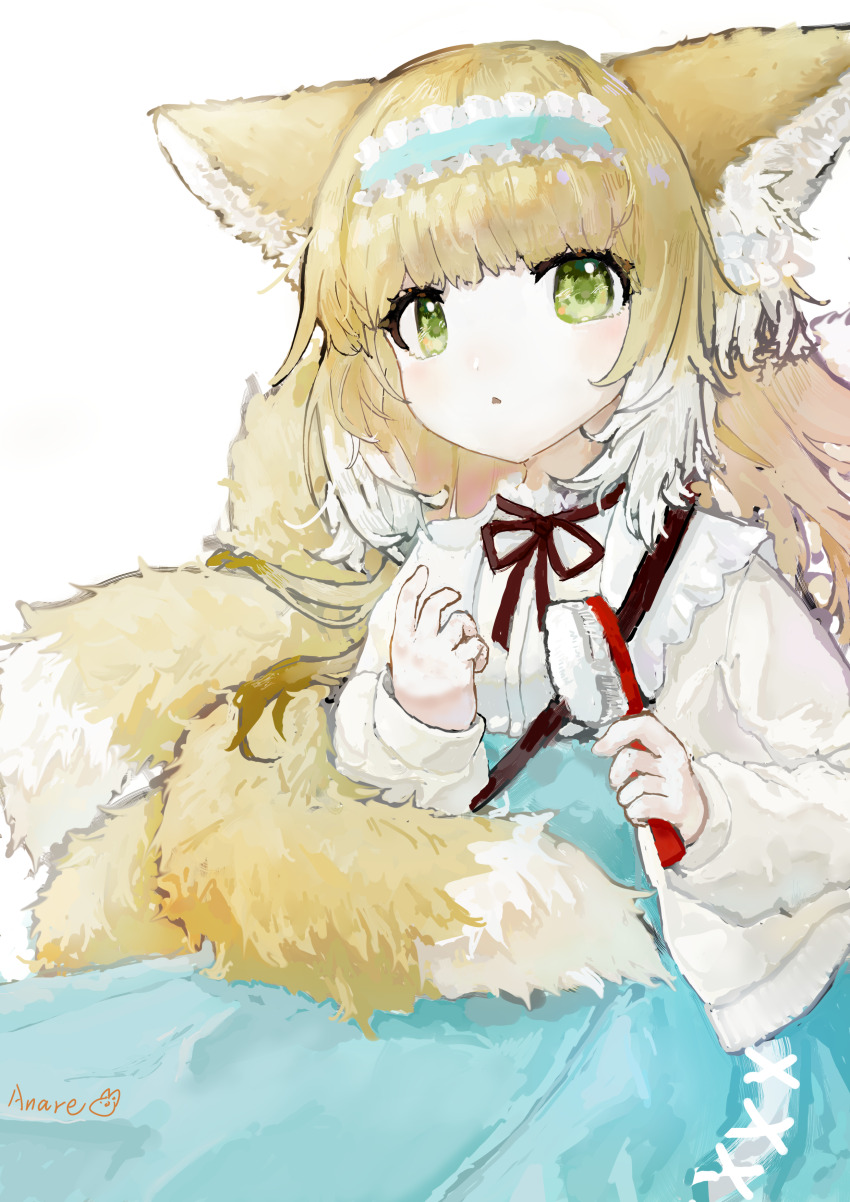 1girl absurdres anare animal_ear_fluff animal_ears arknights artist_name blue_hairband blue_skirt cardigan cross-laced_clothes cross-laced_skirt cross-laced_slit fox_ears fox_girl fox_tail frilled_hairband frills green_eyes hair_brush hairband high-waist_skirt highres kitsune kyuubi long_sleeves looking_at_viewer multiple_tails neck_ribbon official_alternate_costume open_cardigan open_clothes parted_lips puffy_long_sleeves puffy_sleeves red_ribbon ribbon shirt simple_background skirt solo suzuran_(arknights) suzuran_(spring_praise)_(arknights) tail brushing_tail white_background white_cardigan white_shirt