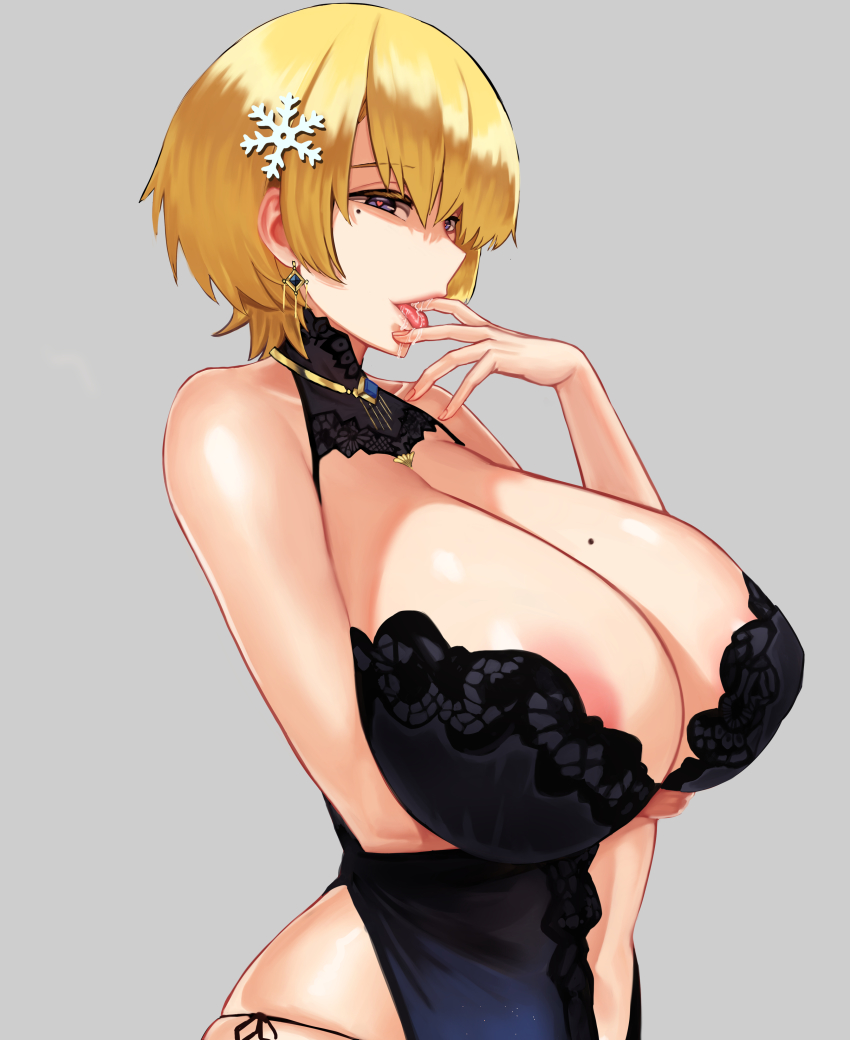 1girl absurdres areola_slip bare_shoulders blonde_hair blue_eyes breasts dress earrings evening_gown finger_in_own_mouth girls&#039;_frontline grey_background heart heart-shaped_pupils highres huge_breasts jewelry mole mole_on_breast narcur saliva short_hair skindentation solo symbol-shaped_pupils tongue tongue_out vsk-94_(girls&#039;_frontline) vsk-94_(night_on_the_silver_bay)_(girls&#039;_frontline)