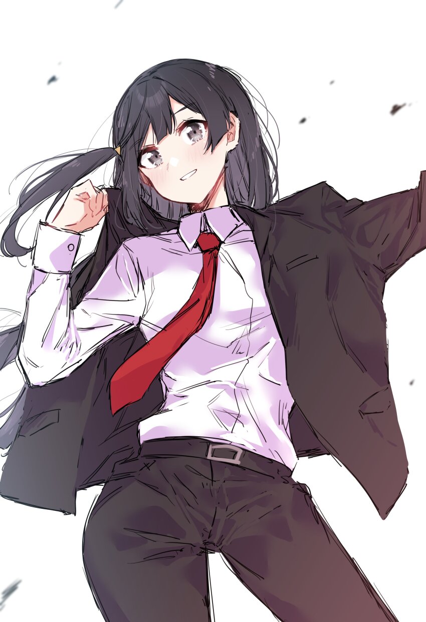 1girl absurdres belt belt_buckle black_hair blazer buckle commentary formal_clothes grey_eyes grin highres jacket looking_at_viewer love_live! love_live!_nijigasaki_high_school_idol_club necktie one_side_up pants red_necktie scanning sidelocks smile solo suit upper_body white_background yuki_setsuna