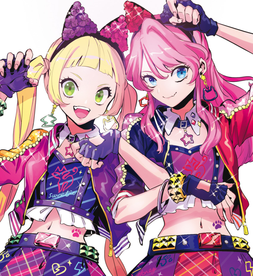 2girls aikatsu! aikatsu!_(series) aikatsu_friends! belt blonde_hair blue_eyes chono_maika closed_mouth collar commentary detached_collar earrings fingerless_gloves gloves green_eyes hair_ornament hair_ribbon highres hinata_ema_(aikatsu_friends!) jacket jewelry long_hair looking_at_viewer midriff multiple_girls navel necklace open_mouth paw_print pink_hair puppeteer7777 ribbon single_thighhigh skirt smile thighhighs twintails upper_body