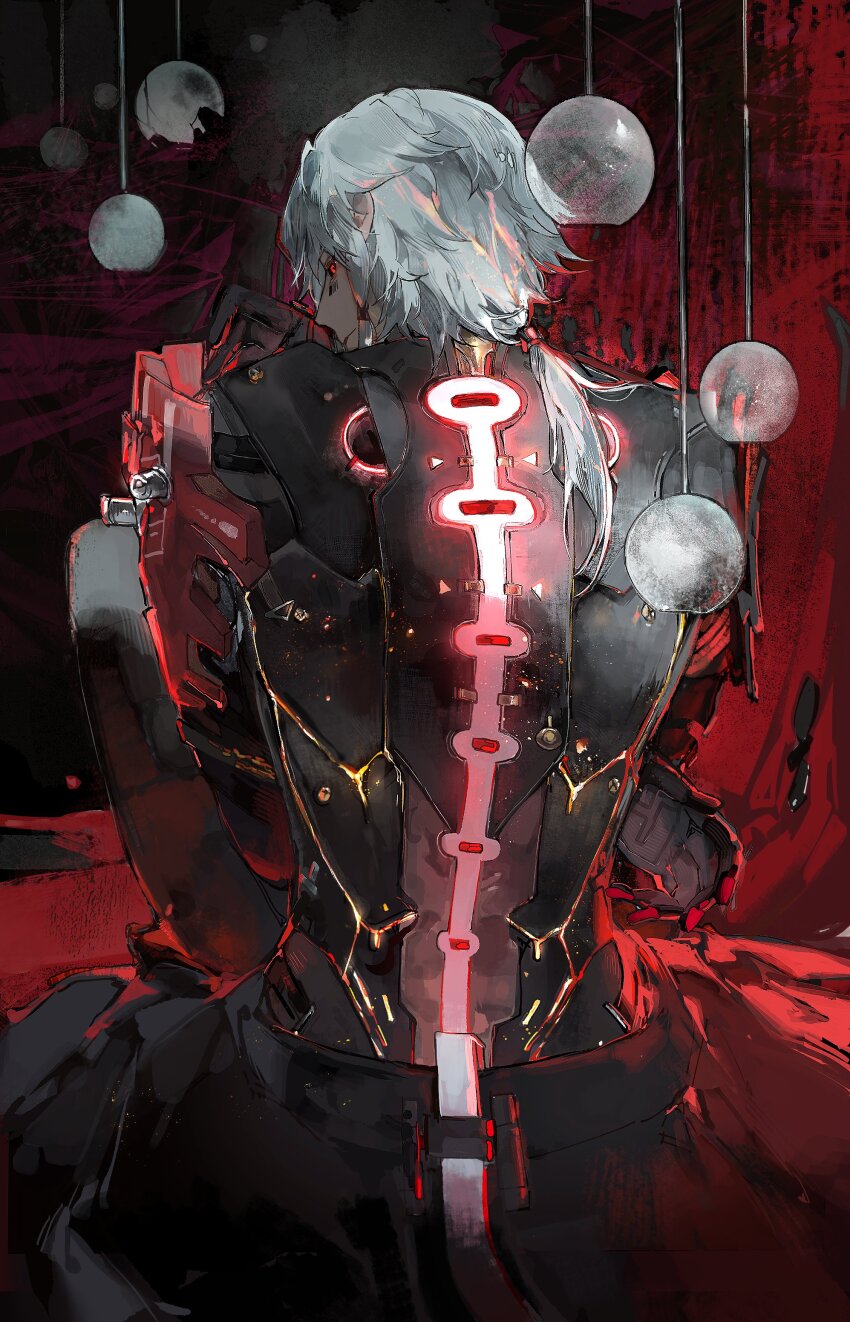 1boy absurdres barcode barcode_tattoo black_sclera colored_sclera commentary cyborg english_commentary facial_tattoo from_behind glowing grey_hair highres looking_back mechabare mechanical_spine ponytail punishing:_gray_raven red_eyes roland_(pgr) secretfj520 solo tattoo