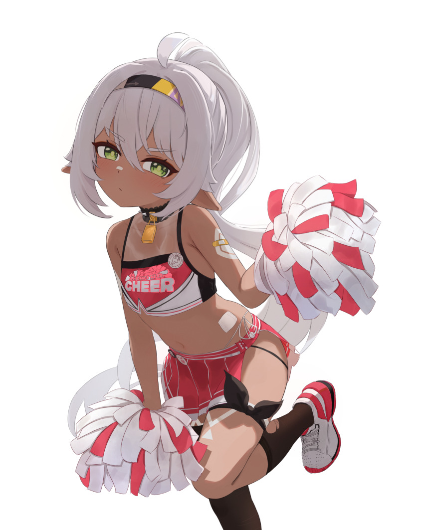 1girl alternate_costume bare_shoulders bay_(nikke) bay_(nikke)_(cosplay) black_socks cheerleader clothes_writing commentary_request cosplay crop_top dark-skinned_female dark_skin elf foot_out_of_frame genshin_impact goddess_of_victory:_nikke green_eyes grey_hair hairband highres holding holding_pom_poms iansan_(genshin_impact) looking_at_viewer midriff miniskirt mockingeu navel petite pointy_ears pom_pom_(cheerleading) pom_poms red_skirt shoes skirt sneakers socks solo standing standing_on_one_leg stomach