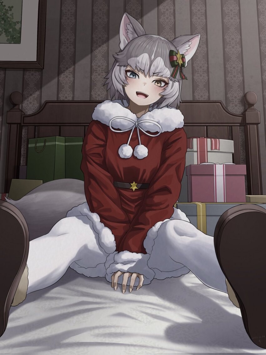 1girl :d animal_ear_fluff animal_ears bag bed_sheet belt between_legs blue_eyes bow box coat commentary deku_suke dog_(mixed_breed)_(kemono_friends) dog_ears dog_girl dog_tail foreshortening fur-trimmed_coat fur_collar fur_trim gift gift_box grey_hair hair_bow hand_between_legs head_tilt heterochromia highres indoors kemono_friends long_sleeves looking_at_viewer multicolored_hair open_mouth pantyhose paper_bag pom_pom_(clothes) red_coat short_hair sitting sleeves_past_wrists smile solo tail two-tone_hair white_hair white_pantyhose yellow_eyes