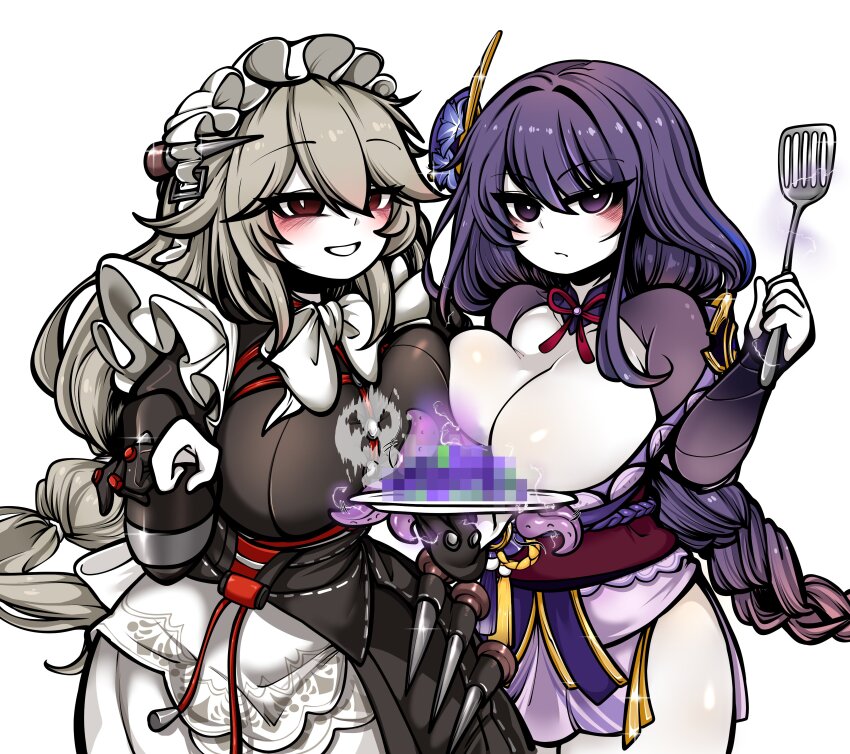 2girls absurdres alexandrina_sebastiane alternate_breast_size asymmetrical_docking bad_food braid breast_press breasts censored censored_food company_connection cowboy_shot crossover dress genshin_impact ghost gloves grey_hair hair_between_eyes hair_ornament highres holding holding_plate holding_spatula huge_breasts japanese_clothes kimono long_hair looking_at_viewer low-braided_long_hair low-tied_long_hair maid maid_headdress mosaic_censoring multiple_girls parted_bangs partially_fingerless_gloves plate purple_eyes purple_hair raiden_shogun red_eyes shiny_skin simple_background smile spatula tentacles unaligned_breasts uncolorcube very_long_hair white_background zenless_zone_zero