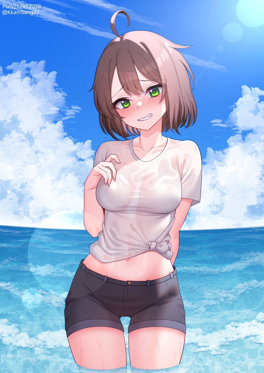 1girl absurdres ahoge arm_behind_back black_shorts blue_sky blush breasts brown_hair cloud collarbone commission cowboy_shot day green_eyes hair_between_eyes hand_on_own_chest highres kkam-sang korean_commentary looking_at_viewer medium_breasts medium_hair midriff navel ocean original outdoors see-through_clothes shirt short_shorts short_sleeves shorts sky smile solo standing stomach t-shirt thighs tied_shirt wading water wet wet_clothes wet_shirt white_shirt