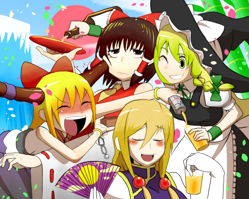 4girls :d ^_^ alcohol apron ascot bad_id bad_pixiv_id bamboo beer beer_can black_dress blonde_hair blush bottle bow braid brown_eyes brown_hair can cheek_poking closed_eyes cup detached_sleeves dress drink_can drinking_glass drunk folding_fan grin hair_between_eyes hair_bobbles hair_bow hair_ornament hair_tubes hakurei_reimu hand_fan hat hat_bow horn_bow horn_ornament horns ibuki_suika kirisame_marisa mountain multiple_girls okahi open_mouth petals poking purple_skirt ribbon-trimmed_sleeves ribbon_trim sakazuki shirt short_hair sidelocks single_braid skirt sleeveless smile sun tabard teeth tongue touhou white_dress white_shirt witch_hat wrist_cuffs yakumo_yukari yellow_eyes