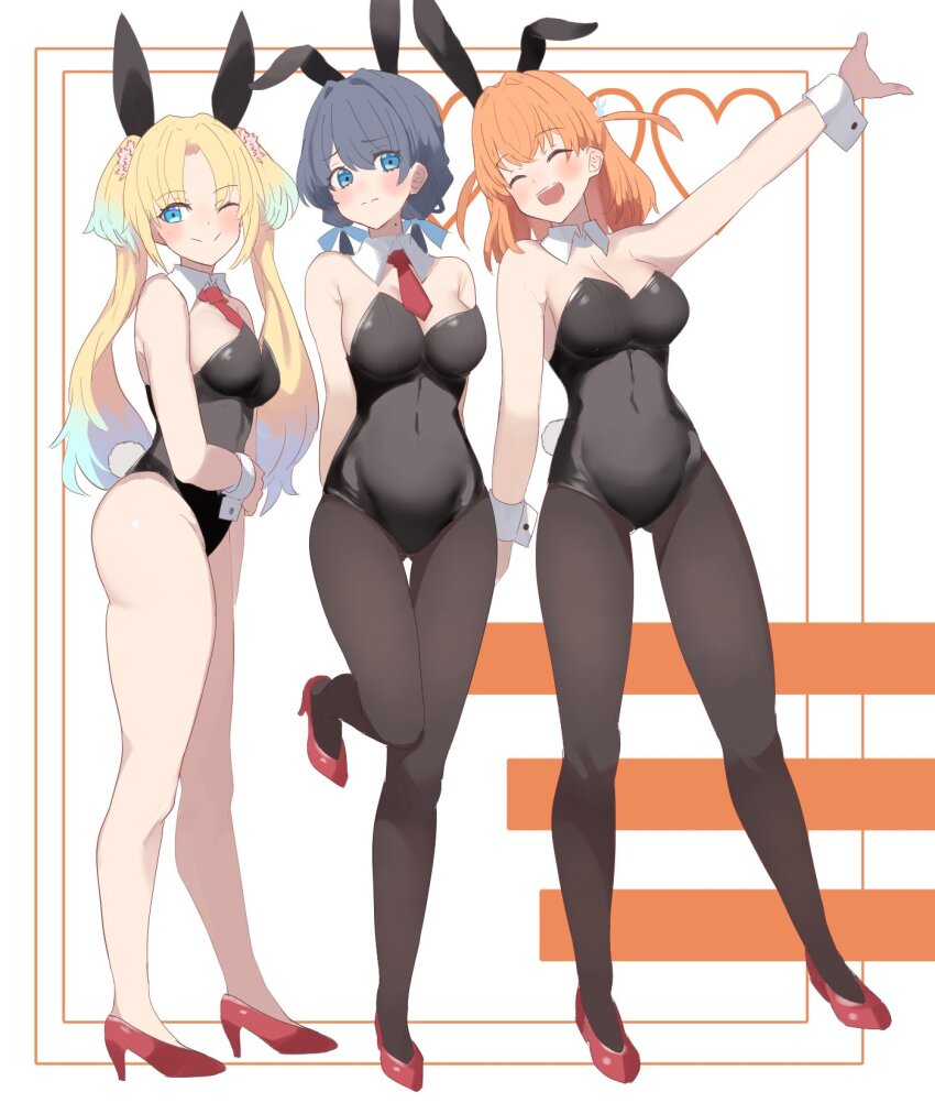 3girls :d ;) ^_^ alternate_costume animal_ear_hairband animal_ears arms_behind_back bare_legs bare_shoulders black_leotard black_pantyhose blonde_hair blue_eyes blue_hair blue_ribbon breasts cleavage closed_eyes closed_mouth commentary covered_navel crossed_bangs detached_collar embarrassed facing_viewer fake_animal_ears flower full_body gluteal_fold gradient_hair hair_flower hair_ornament hair_ribbon hairband heart high_heels highres hinoshita_kaho large_breasts leg_up leotard link!_like!_love_live! long_hair love_live! low_twintails medium_hair mole mole_on_neck multicolored_hair multiple_girls murano_sayaka necktie one_eye_closed open_mouth orange_hair osawa_rurino outstretched_arm pantyhose parted_bangs pink_flower rabbit_ear_hairband rabbit_ears rabbit_hair_ornament red_flower red_footwear red_necktie ribbon shoes smile soyo1558686 split_mouth standing standing_on_one_leg stiletto_heels strapless strapless_leotard twintails two_side_up virtual_youtuber white_background white_wrist_cuffs wrist_cuffs