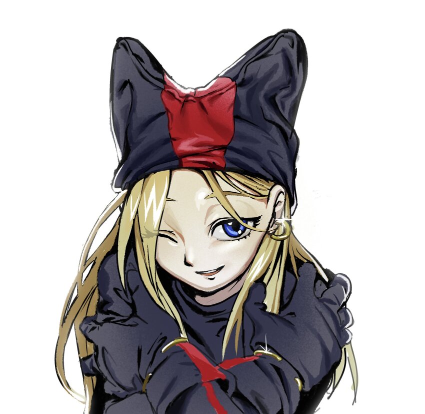 1girl black_gloves black_hat blonde_hair blue_eyes commentary_request cosplay earrings gloves hat highres jewelry long_hair looking_at_viewer maria_robotnik one_eye_closed open_mouth shadow_the_hedgehog shadow_the_hedgehog_(cosplay) simple_background single_earring smile solo sonic_(series) tokiwa757 upper_body white_background