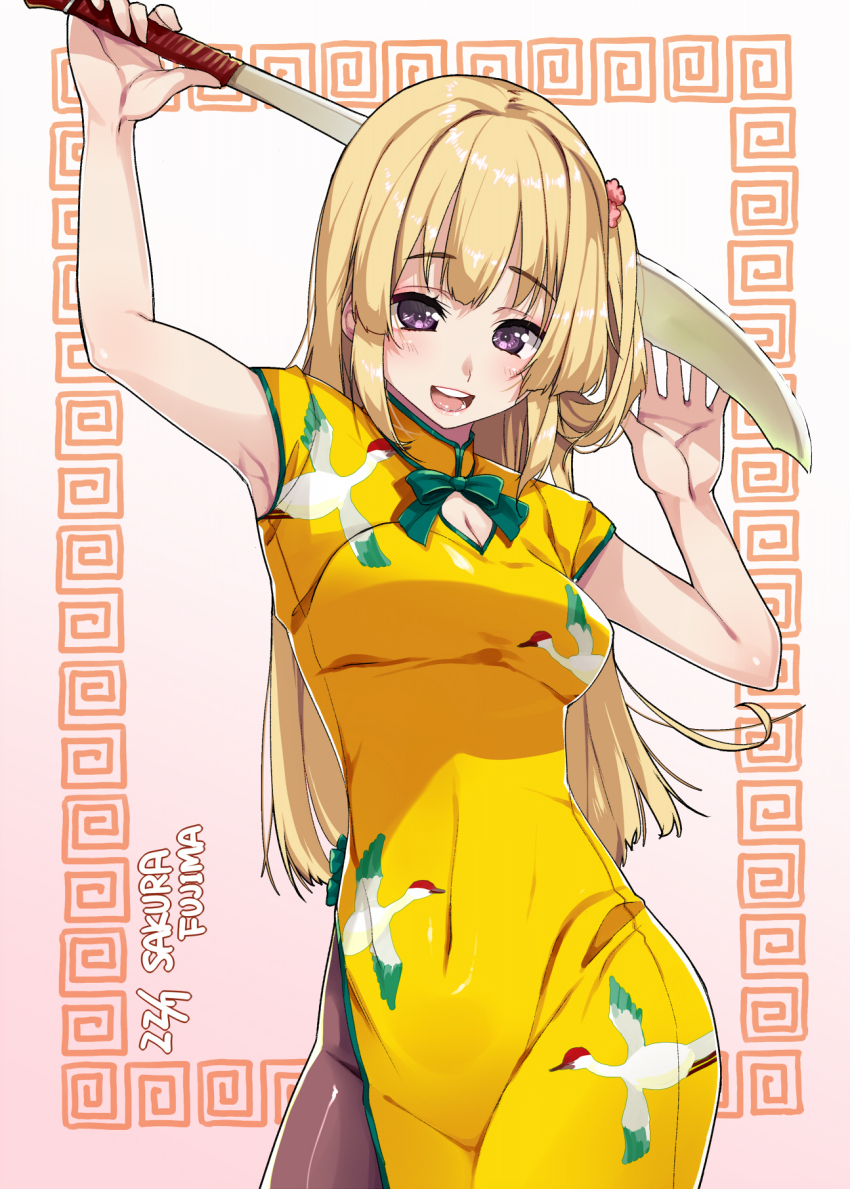 1girl 22/7 blonde_hair border bow bowtie breasts character_name china_dress chinese_clothes cleavage cowboy_shot dress fujima_sakura green_bow green_bowtie hair_rings highres holding holding_knife kisairo_kaede knife long_hair purple_eyes sidelocks single_hair_ring sleeveless sleeveless_dress smile solo standing teeth upper_teeth_only yellow_dress