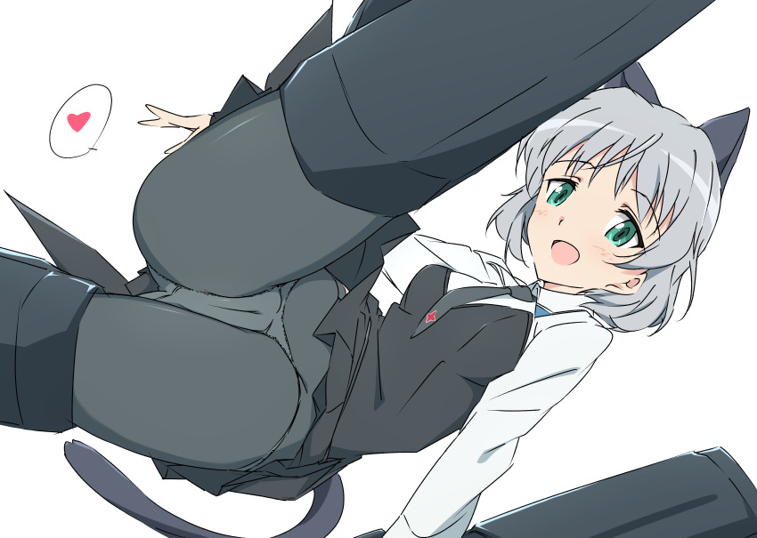 1girl animal_ears black_necktie black_pantyhose black_skirt blush breasts cameltoe cat_ears cat_girl cat_tail cleft_of_venus crotch crotch_seam flying green_eyes grey_hair heart highres long_sleeves looking_at_viewer military military_uniform necktie open_mouth panties panties_under_pantyhose pantyhose pussy sanya_v._litvyak shirt short_hair simple_background skirt smile solo speech_bubble spoken_heart spread_legs strike_witches strike_witches:_aurora_no_majo strike_witches:_suomus_misfits_squadron striker_unit tail umanosuke underwear upskirt weapon white_background white_shirt world_witches_series