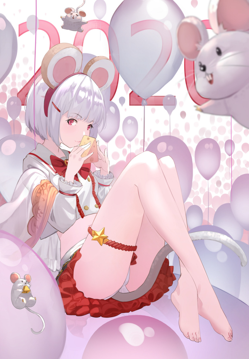 2020 animal_ears ass balloon bare_legs barefoot bow bowtie center_frills cheese closed_mouth crossed_ankles fake_animal_ears food frilled_sleeves frills full_body granblue_fantasy hair_ornament hairband hairclip highres holding holding_food knees_up long_sleeves miniskirt mouse_(animal) mouse_ears nonh_(wormoftank) panties pantyshot red_bow red_bowtie red_eyes red_hairband red_skirt shirt silver_hair sitting skirt smile solo tar thigh_strap underwear upskirt vikala_(granblue_fantasy) white_shirt