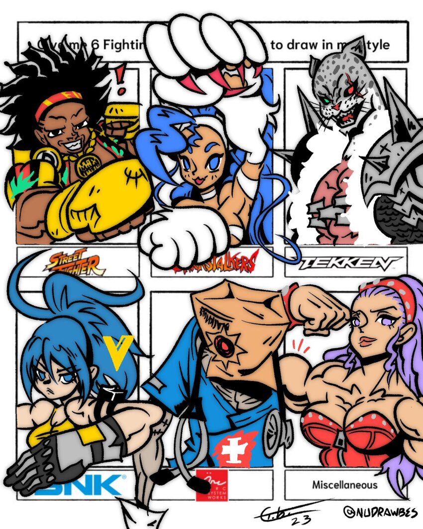 3boys 3girls angela_belti armor_king crossover dee_jay faust_(guilty_gear) felicia_(darkstalkers) gouketsuji_ichizoku guilty_gear highres leona_heidern multiple_boys multiple_girls street_fighter street_fighter_6 tagme tekken the_king_of_fighters tobi_(nudrawbes) darkstalkers