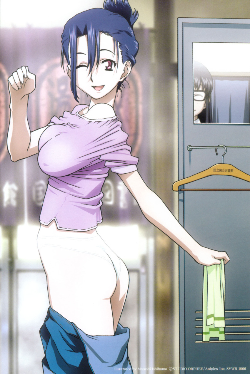 00s 2girls ass black_hair blouse clothes_hanger glasses highres ishihama_masashi multiple_girls nancy_makuhari one_eye_closed overalls panties pink_eyes purple_hair purple_shirt r.o.d_the_tv read_or_die reflection shirt shirt_slip smile towel underwear undressing white_panties wink yomiko_readman