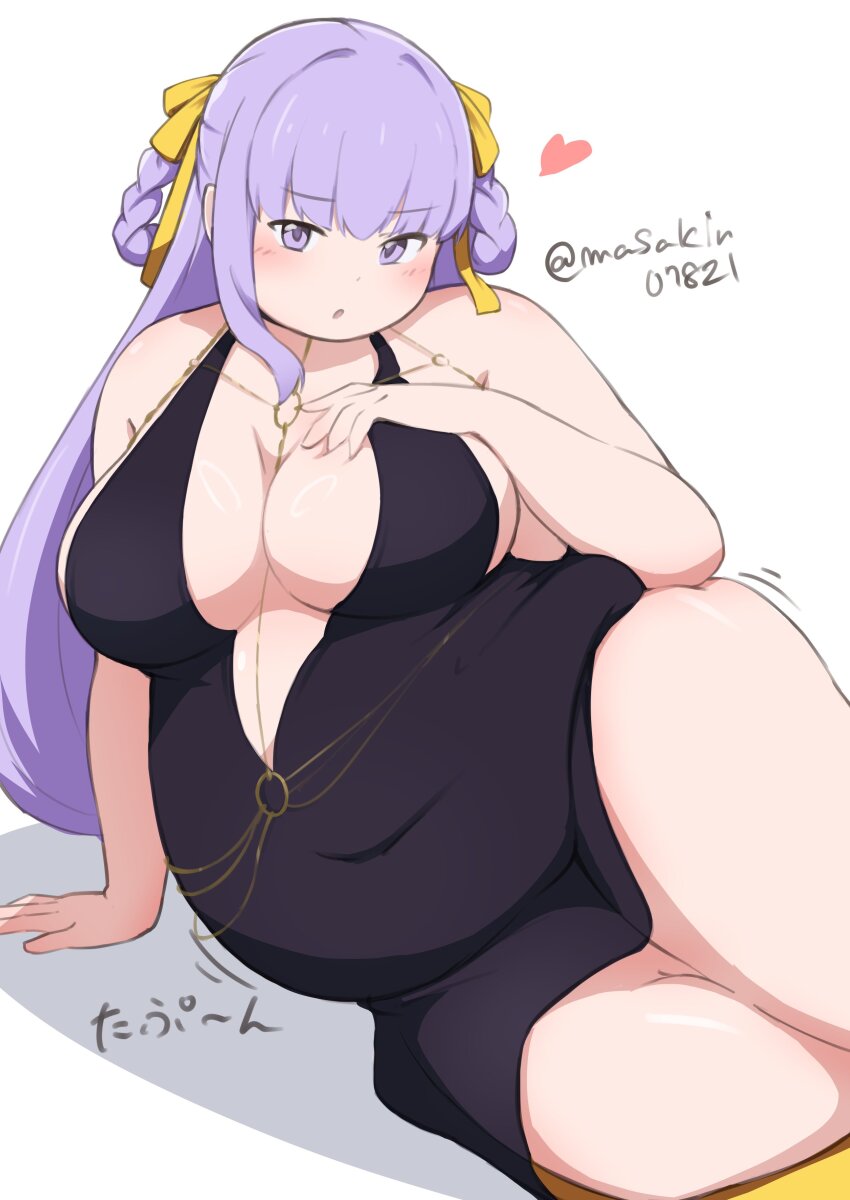 1girl bb_(fate) bb_dubai_(fate) black_dress blush braid braided_hair_rings breasts cleavage covered_navel dress fat fat_woman fate/grand_order fate_(series) hair_ribbon hair_rings hand_on_own_chest heart large_breasts long_hair lying masakin o-ring on_side plunging_neckline purple_eyes purple_hair ribbon solo white_background