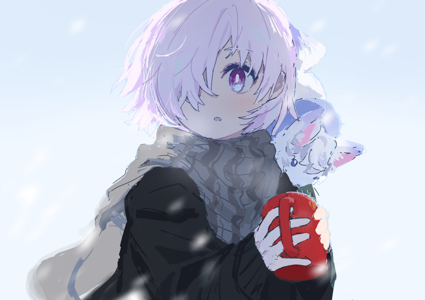 1girl :o absurdres air_rocket black_sweater commentary creature creature_on_shoulder cup fate/grand_order fate_(series) fou_(fate) grey_scarf hair_over_one_eye highres holding holding_cup long_sleeves mash_kyrielight mash_kyrielight_(chaldea_teatime) mug official_alternate_costume on_shoulder one_eye_covered pink_hair purple_eyes scarf short_hair sleeves_past_wrists snow sweater winter_clothes