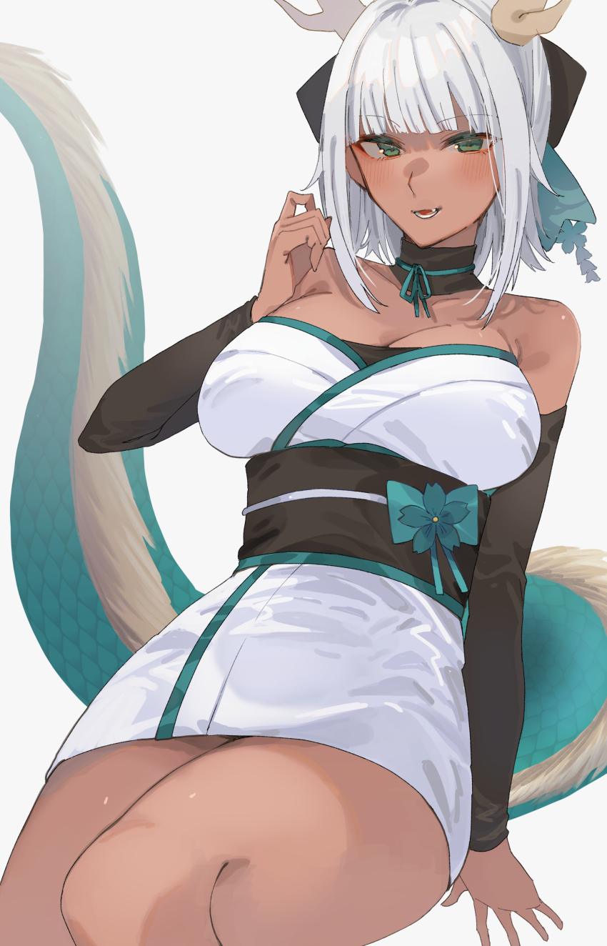 1girl absurdres ayasato_yua_(jae-kun) blunt_bangs breasts dark-skinned_female dark_skin detached_sleeves dragon_girl dragon_horns dragon_tail eyeliner hair_ribbon highres horns japanese_clothes kimono large_breasts makeup neyaneyashiteru obi original red_eyeliner ribbon sash smile tail thighs white_hair white_kimono