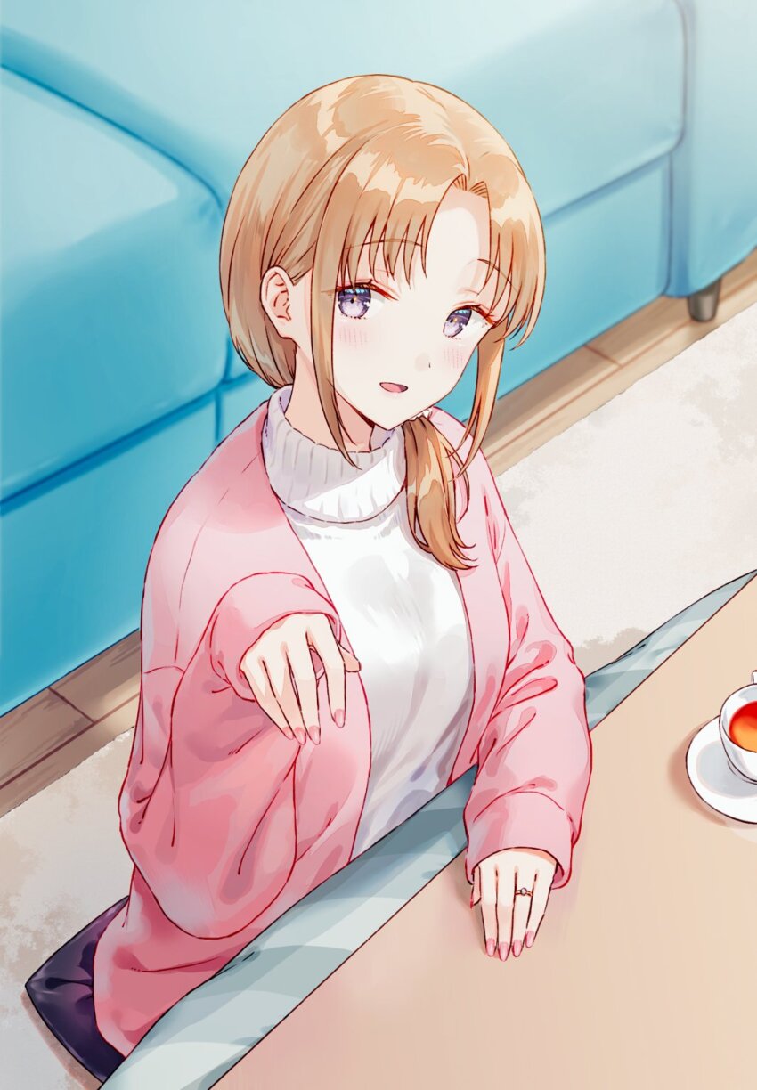 1girl ayase_akiko beckoning commentary_request couch cup gimai_seikatsu hair_over_shoulder hand_up highres hiten_(hitenkei) jacket jewelry kotatsu looking_at_viewer low_ponytail mature_female medium_hair official_art open_clothes open_jacket open_mouth orange_hair pink_jacket pink_nails ponytail purple_eyes ring saucer second-party_source sitting smile solo sweater table tea teacup wedding_ring white_sweater