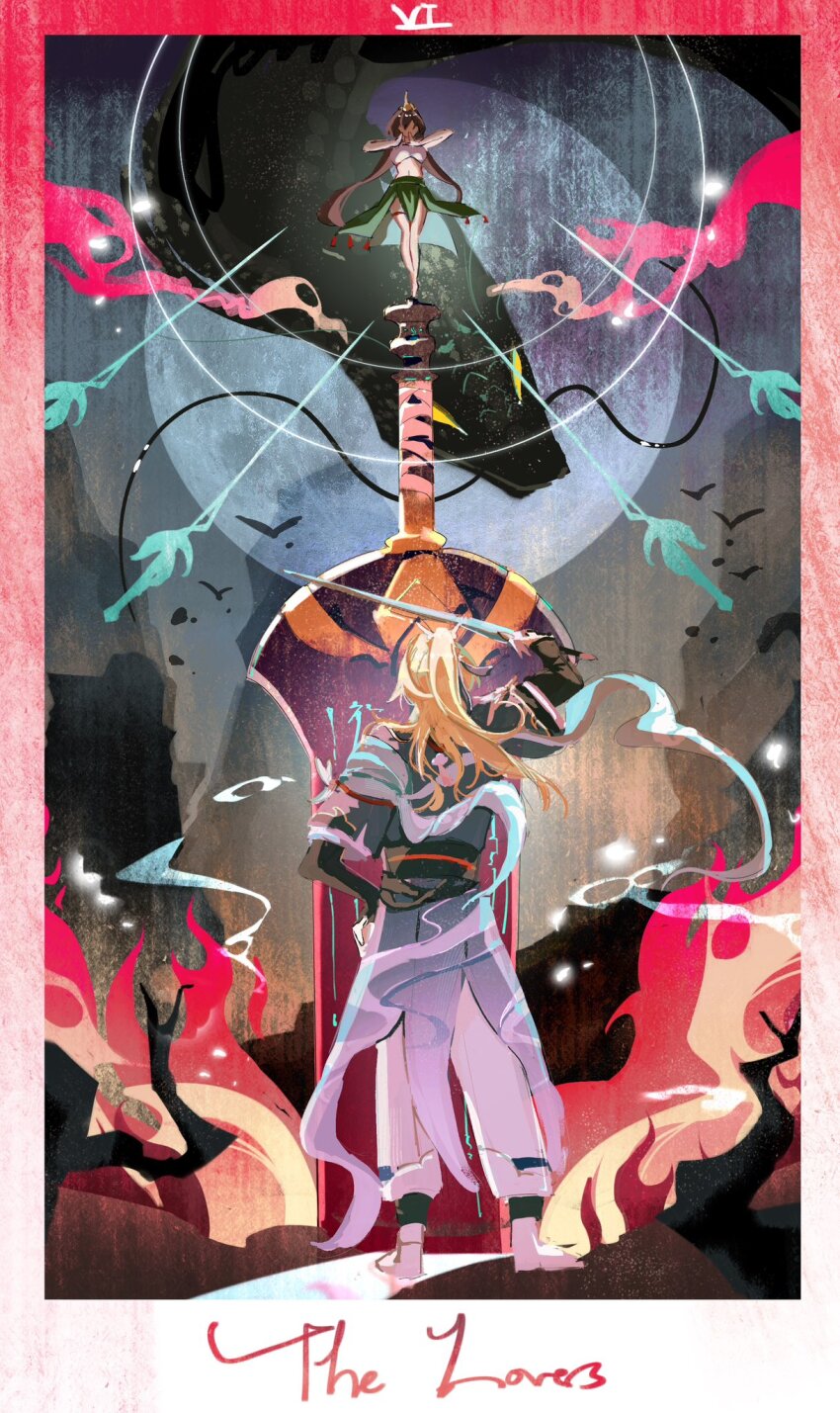 1boy 1girl black_hair blonde_hair card_(medium) chinese_clothes commentary crown dragon english_commentary floating_hair full_body hand_on_own_hip highres holding holding_sword holding_weapon honkai:_star_rail honkai_(series) huge_weapon long_hair ponytail standing_on_sword sword tarot tarot_(medium) weapon yanqing_(honkai:_star_rail) yunli_(honkai:_star_rail) yvet114514