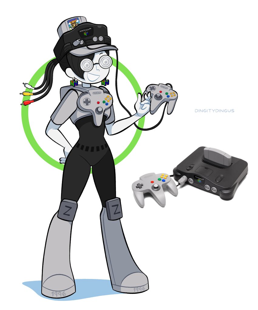 1boy 1girl absurdres artist_name asymmetrical_hair black_bodysuit black_hair bodysuit colored_skin cowboy_hat full_body game_console glasses grin hat highres humanization mario mario_(series) mario_party mario_party_2 nintendo nintendo_64 nintendo_64_controller personification ponytail shirt smile t-shirt vinny_(dingitydingus) white_skin wire