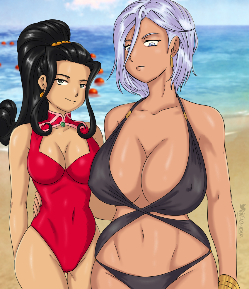 2girls absurdres anastasia_palma artist_name beach bikini black_hair blue_eyes bracelet breasts cleavage cleavage_cutout clothing_cutout curvy dark-skinned_female dark_skin earrings eloztoatl forehead gluteal_fold green_eyes hand_on_another&#039;s_hip highres hip_bones huge_breasts jewelry large_breasts long_hair multiple_girls navel nipples ocean official_alternate_costume one-piece_swimsuit ponytail sakura_taisen sega shin_sakura_taisen shiny_skin shirt sidelocks skin_tight skindentation smile soletta_orihime swimsuit thighs white_shirt