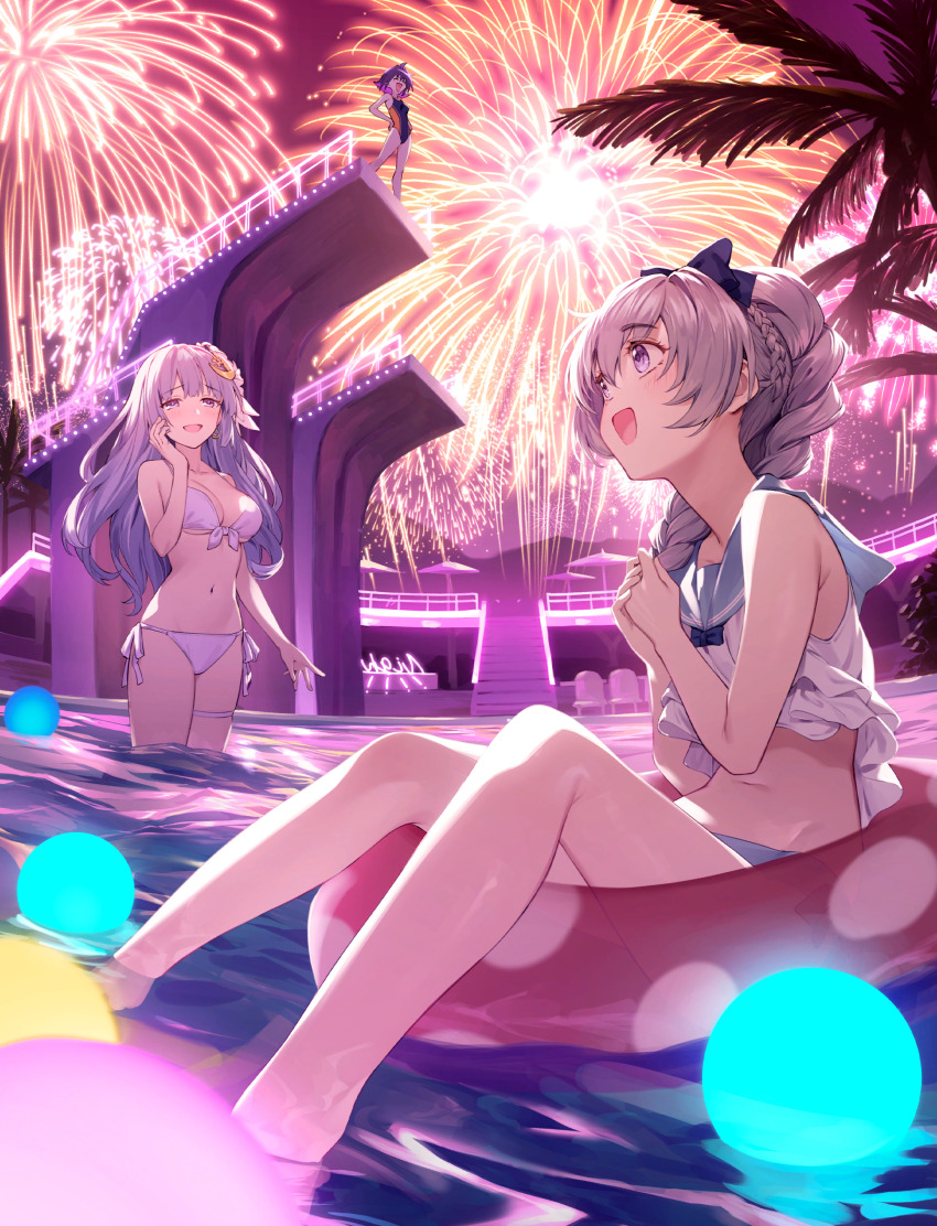 3girls absurdres bikini blue_hair bow braid breasts character_request crescent crescent_hair_ornament date_a_live diving_platform fantasia_re:build fireworks full_metal_panic! grey_hair hair_bow hair_ornament highres innertube izayoi_miku long_hair multiple_girls navel night nyum open_mouth outdoors pool school_uniform serafuku side-tie_bikini_bottom single_braid stairs swim_ring swimsuit teletha_testarossa tree wading