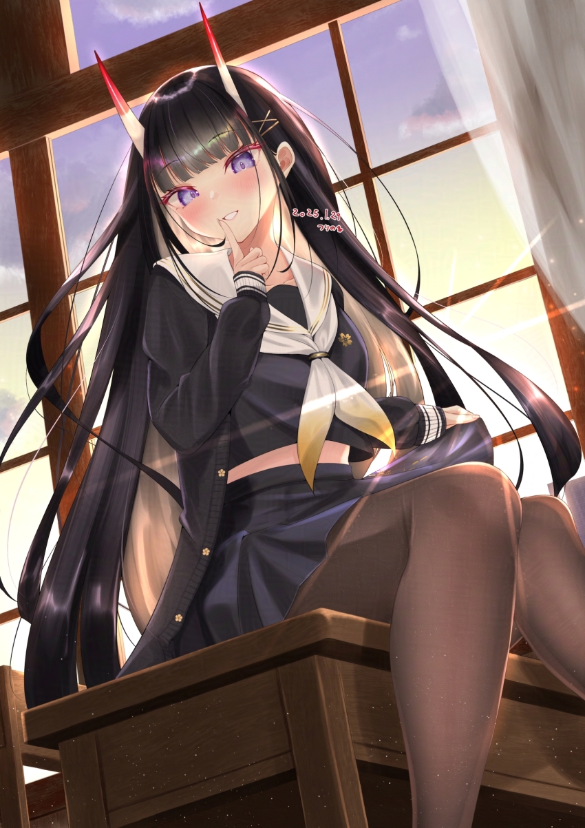 1girl azur_lane black_hair blue_serafuku blush demon_girl demon_horns desk finger_to_mouth from_below grin hair_ornament hairclip hand_up happy highres horns indoors knees_together_feet_apart long_hair looking_at_viewer looking_down midriff miniskirt neckerchief noshiro_(azur_lane) on_desk oni pantyhose pleated_skirt purple_eyes sailor_collar sakura_empire_(emblem) school_uniform serafuku sitting skirt smile solo sunset tsuri_pi very_long_hair white_neckerchief x_hair_ornament