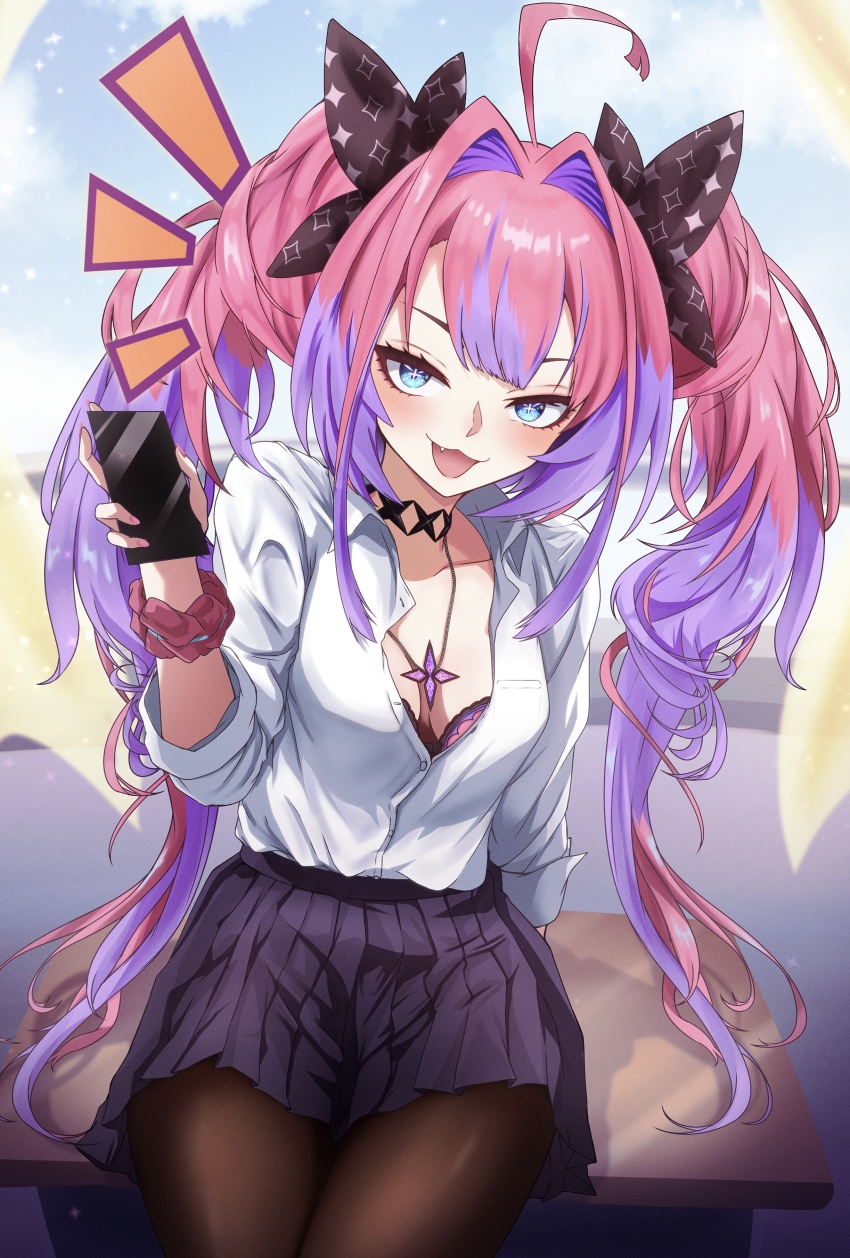 1girl absurdres ahoge arm_scrunchie black_bow black_pantyhose blush bow bra breasts cellphone desk hair_bow highres holding holding_phone hololive hololive_dev_is kaiju_ryoku kikirara_vivi long_hair looking_at_viewer medium_breasts multicolored_hair on_desk pantyhose phone pink_hair purple_bra purple_hair purple_skirt school_desk sitting skirt smartphone smile solo streaked_hair underwear very_long_hair virtual_youtuber