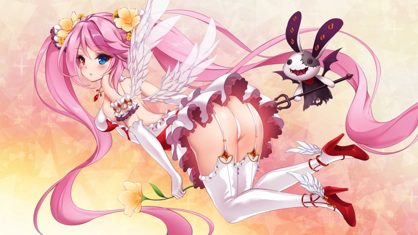 1girl armband ass bare_shoulders blue_eyes breasts elbow_gloves female_focus flower full_body garter_straps gloves hair_flower hair_ornament heterochromia high_heels holding holding_flower iron_saga jewelry long_hair looking_at_viewer looking_back necklace panties pink_hair polearm red_eyes red_footwear simple_background slokai_(iron_saga) small_breasts solo stuffed_animal stuffed_rabbit stuffed_toy toriseru_(rare_stone) trident twintails underwear very_long_hair weapon white_gloves white_legwear white_panties white_wings wings yellow_flower