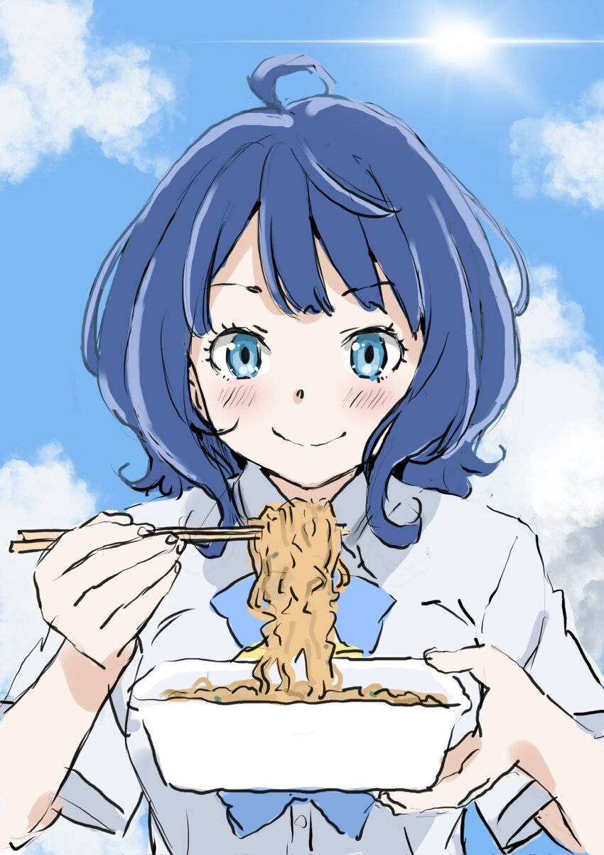 1girl ahoge blue_bow blue_eyes blue_hair blush bow chopsticks closed_mouth cloud cloudy_sky fluffy_hair food highres holding holding_chopsticks holding_food holding_with_chopsticks make_heroine_ga_oo_sugiru! medium_hair school_uniform shirt sketch sky smile summer_uniform sun upper_body warder2013 white_shirt yakisoba yanami_anna yellow_bow