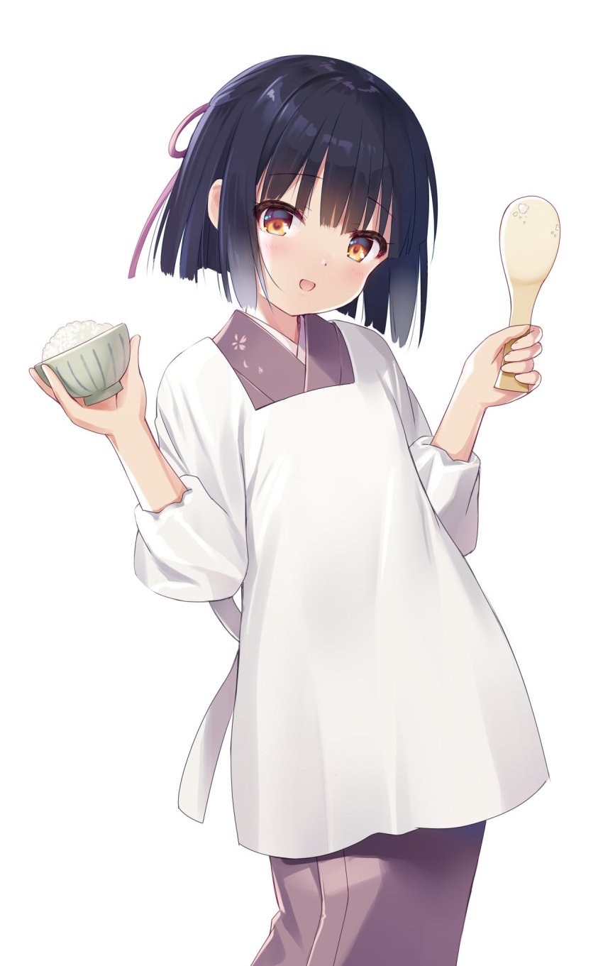 1girl :d apron black_hair blush bowl brown_eyes commentary_request feet_out_of_frame hair_ribbon hands_up highres holding holding_bowl holding_spoon japanese_clothes kappougi kimono long_sleeves looking_at_viewer na-ga open_mouth original pink_kimono pink_ribbon ribbon rice_bowl shamoji short_hair sidelocks simple_background sleeves_rolled_up smile solo spoon standing white_apron white_background