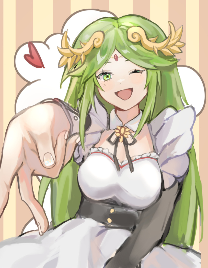 1girl alternate_costume breasts chinese_commentary forehead_jewel foreshortening green_eyes green_hair heart highres kid_icarus kid_icarus_uprising large_breasts long_hair maid middle_part nintendo one_eye_closed open_mouth palutena shiba_(manbai_cnm) sidelocks smile solo striped_background wrist_cuffs