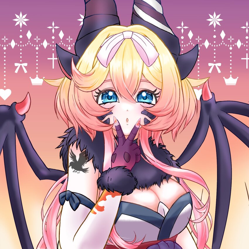 1girl arm_tattoo bat_wings blonde_hair blue_eyes bow breasts cleavage commentary_request detached_sleeves double-parted_bangs dragon_girl dragon_quest dragon_quest_tact fingernails gradient_hair hair_bow hair_intakes highres horns large_breasts looking_at_viewer loret_(dqt) monster_girl multicolored_hair open_mouth pink_hair pink_nails sana_519 sharp_fingernails solo tattoo upper_body v v_over_mouth white_bow wings