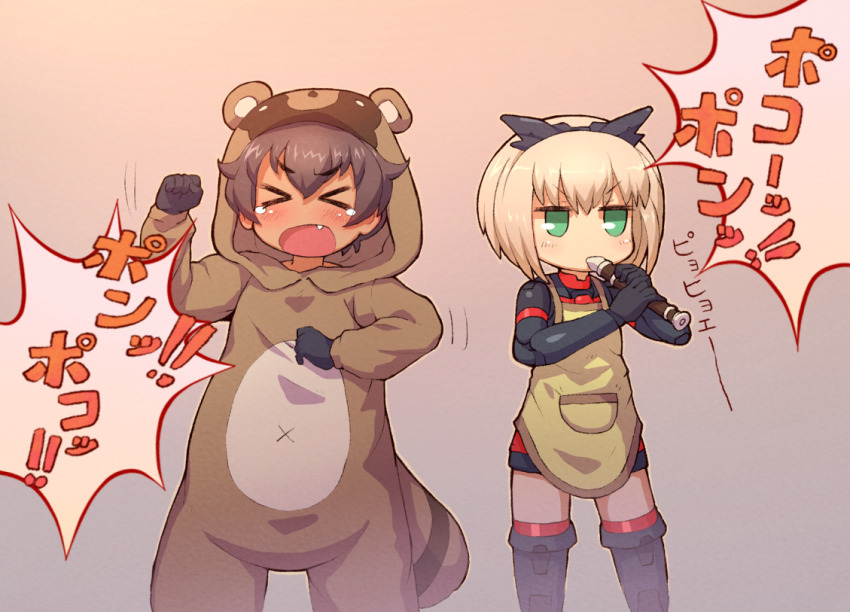 &gt;_&lt; 2girls 30_minutes_sisters apron black_footwear black_gloves blonde_hair blush boots brown_apron brown_hair clenched_hands fang flute gloves instrument jitome luluce_(30ms) multiple_girls music non_non_biyori onesie open_mouth playing_instrument raccoon_costume raccoon_tail recorder sankuma short_hair tail thigh_boots tiasha_(30ms) v-shaped_eyebrows