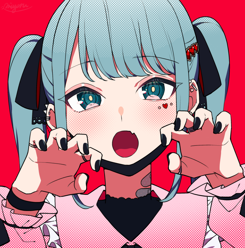 1girl :o aqua_eyes aqua_hair bandaid bandaid_on_neck black_nails black_ribbon blouse blush claw_pose commentary_request ear_piercing english_text fang frilled_shirt frills hair_ornament hair_ribbon hairclip halftone hatsune_miku heart heart_hair_ornament highres jewelry jirai_kei looking_at_viewer mask mouth_mask multiple_rings nail_polish odd_(miyoru) open_mouth piercing pink_shirt portrait red_background ribbon ring shirt sidelocks simple_background skin_fang solo sticker_on_face twintails vampire_(vocaloid) vocaloid