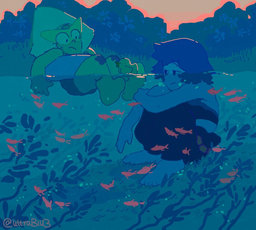 2girls absurdres blue_hair chinese_commentary cloud commentary_request golden_hour green_hair highres lapis_lazuli_(steven_universe) looking_at_another mouth_under_water multiple_girls partially_underwater_shot peridot_(steven_universe) sitting smile steven_universe ultrab1u3 underwater water