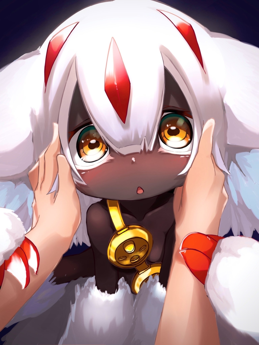 1boy 1girl black_skin blush claws colored_skin dark_skin extra_arms faputa fur highres looking_at_viewer made_in_abyss monster_girl pov strap_slip tab_head very_dark_skin white_hair