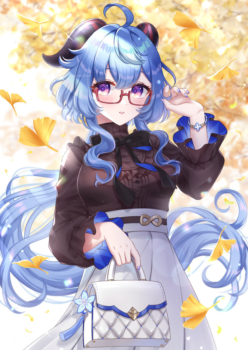 1girl absurdres ahoge autumn_leaves bag bead_bracelet beads belt black_belt black_bow black_bowtie black_shirt blue_hair blurry blurry_background bow bowtie bracelet breasts commentary_request cowboy_shot falling_leaves floating_hair frilled_sleeves frills ganyu_(china_merchants_bank)_(genshin_impact) ganyu_(genshin_impact) genshin_impact glasses goat_horns gradient_eyes handbag high-waist_skirt highres holding holding_bag horns jewelry large_breasts leaf long_hair long_sleeves looking_at_viewer multicolored_eyes nail_polish official_alternate_costume parted_lips purple_eyes purple_nails rectangular_eyewear red-framed_eyewear semi-rimless_eyewear shirt sidelocks skirt smile solo tateko25wiz tree turtleneck under-rim_eyewear very_long_hair white_bag white_skirt