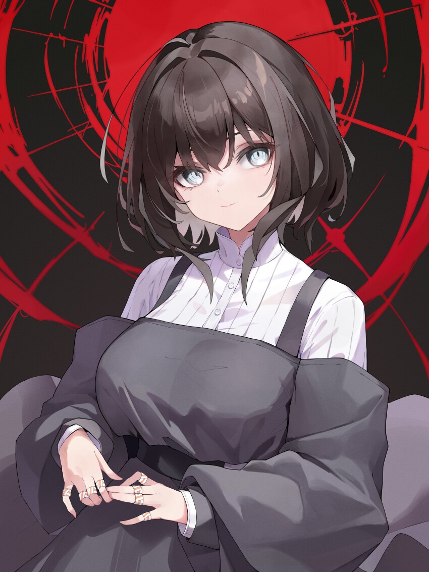 1girl absurdres alchemy_stars anri_(user_ncce8585) black_dress black_hair breasts dress grey_eyes hair_between_eyes highres jewelry large_breasts lenore_(alchemy_stars) long_sleeves looking_at_viewer medium_hair multiple_rings ring shirt short_hair solo upper_body white_shirt