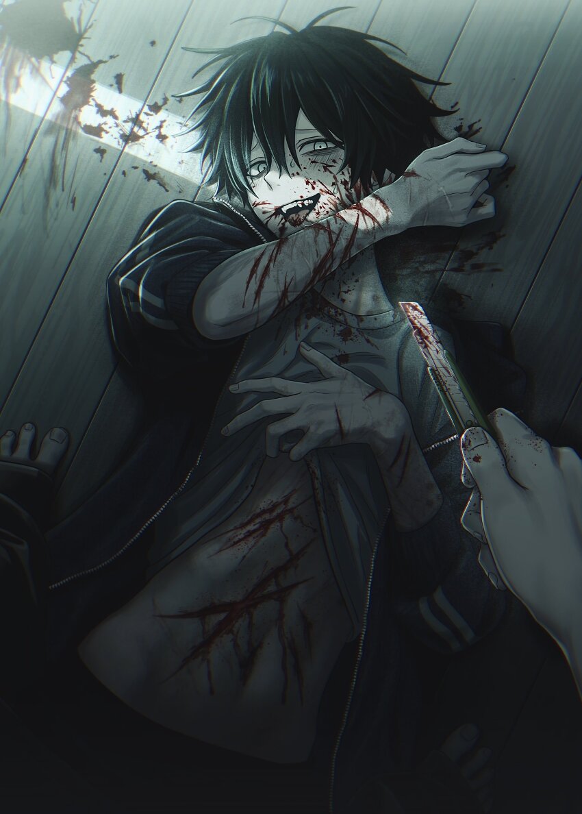 1boy absurdres black_hair black_jacket blood blood_on_clothes blood_on_face blood_splatter blush boxcutter clothes_lift cuts fangs guro hair_between_eyes highres holding imai-kun_(imai_akira) imai_akira injury jacket lifting_own_clothes long_sleeves looking_at_viewer lying male_focus messy_hair on_back on_floor open_clothes open_jacket open_mouth original pov reverse_ryona saliva scar shirt shirt_lift solo_focus standing sweat white_shirt