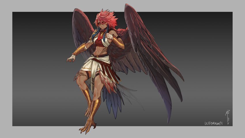 1girl abs absurdres animal_feet armor artist_name belt blood blood_on_face blue_hair bracer colored_sclera commentary dark-skinned_female dark_skin english_commentary feathered_wings full_body grey_background hair_between_eyes highres less long_hair looking_at_viewer midriff monster_girl multicolored_hair original pauldrons red_hair red_sclera shoulder_armor sidelocks simple_background single_pauldron solo tattoo wings wrist_wrap yellow_eyes