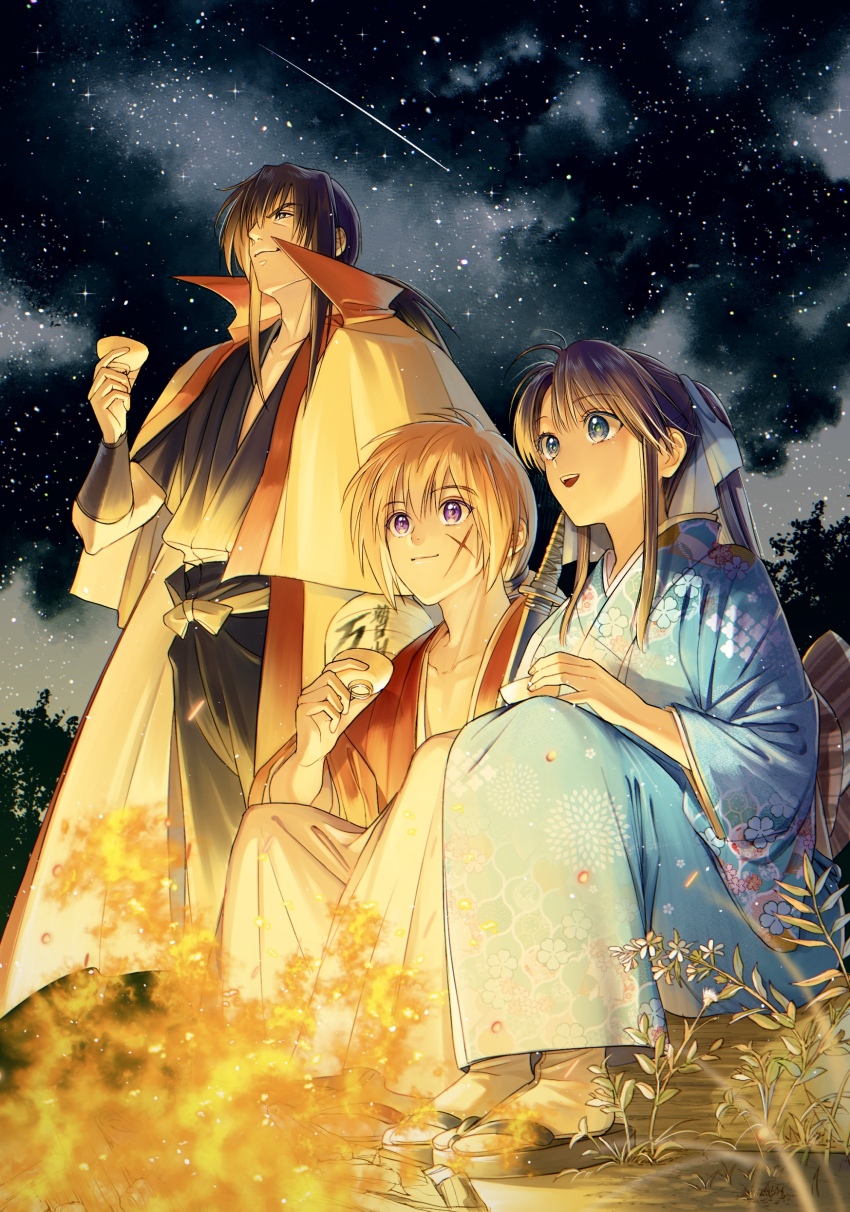 1girl 2boys absurdres alcohol black_hair blue_eyes blue_kimono blue_ribbon bottle campfire choko_(cup) closed_eyes coat coat_on_shoulders commentary_request cross_scar cup facial_scar fire floral_print floral_print_kimono full_body hair_between_eyes hair_ribbon hakama hakama_pants high_ponytail highres hiko_seijuurou himura_kenshin holding japanese_clothes kamiya_kaoru katana kimono long_hair long_sleeves low_ponytail multiple_boys natsu_mikan_(level9) night night_sky open_mouth orange_hair outdoors pants print_kimono purple_eyes ribbon rurouni_kenshin sake sake_bottle sandals scar scar_on_cheek scar_on_face sheath sheathed shooting_star sidelocks sitting sky smile socks standing star_(sky) starry_sky sword tree weapon white_hakama white_socks wide_sleeves