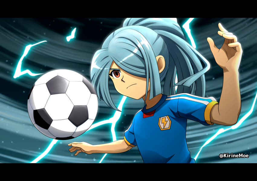 1boy aqua_hair ball blue_shirt brown_eyes closed_mouth hair_over_one_eye highres inazuma_eleven inazuma_eleven_(series) inazuma_japan kazemaru_ichirouta kirinemoe lightning lightning_bolt_symbol long_hair male_focus ponytail shirt soccer_ball soccer_uniform sportswear upper_body