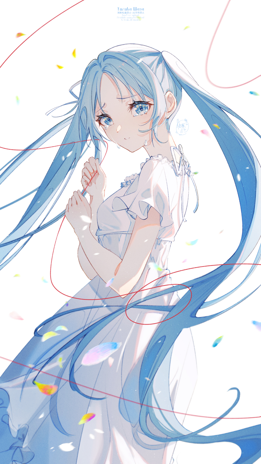 1girl absurdres aqua_eyes aqua_hair blue_eyes blue_hair crying crying_with_eyes_open dress falling_petals hatsune_miku highres holding holding_string long_hair looking_at_viewer parted_lips petals short_sleeves simple_background solo string string_of_fate tears tsugihagi_staccato_(vocaloid) twintails very_long_hair vocaloid white_dress yuzuha_wasa