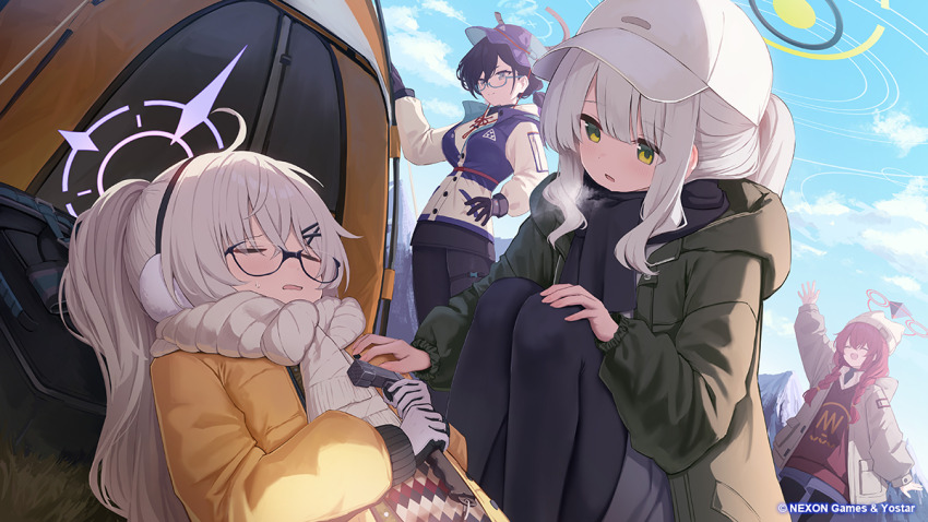 4girls arm_up black_hair black_hoodie blonde_hair blue-framed_eyewear blue_archive blush braid chihiro_(blue_archive) chihiro_(camp)_(blue_archive) closed_eyes closed_mouth commentary_request earmuffs glasses green_eyes green_jacket grey_hair halo hare_(blue_archive) hare_(camp)_(blue_archive) hood hoodie jacket kotama_(blue_archive) kotama_(camp)_(blue_archive) long_hair maki_(blue_archive) maki_(camp)_(blue_archive) multiple_girls official_alternate_costume official_alternate_hairstyle official_art open_clothes open_jacket open_mouth ponytail purple_halo red_hair red_halo scarf short_hair smile takashima_shoa twin_braids veritas_(blue_archive) white_scarf yellow_jacket