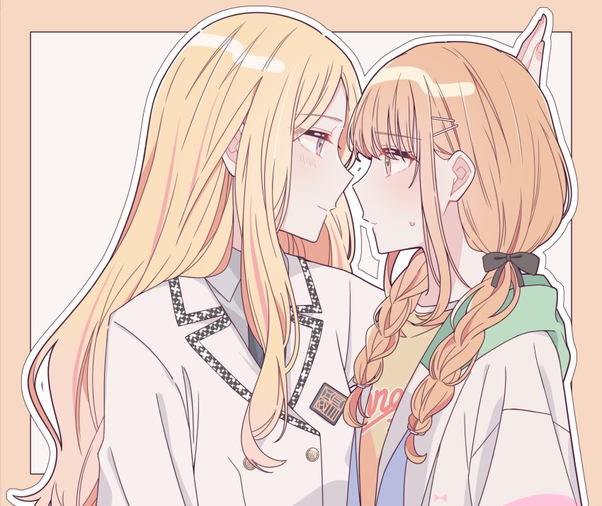 2girls blazer blonde_hair blush border braid eye_contact fujita_kotone gakuen_idolmaster hair_ribbon hashtag-only_commentary highres hood hooded_jacket idolmaster jacket juo_sena kousaka_0v0 light_smile long_hair looking_at_another multicolored_clothes multicolored_hair multicolored_jacket multiple_girls outline pink_hair ribbon simple_background streaked_hair sweatdrop twin_braids two-tone_hair upper_body very_long_hair white_background white_jacket white_outline yellow_border yuri