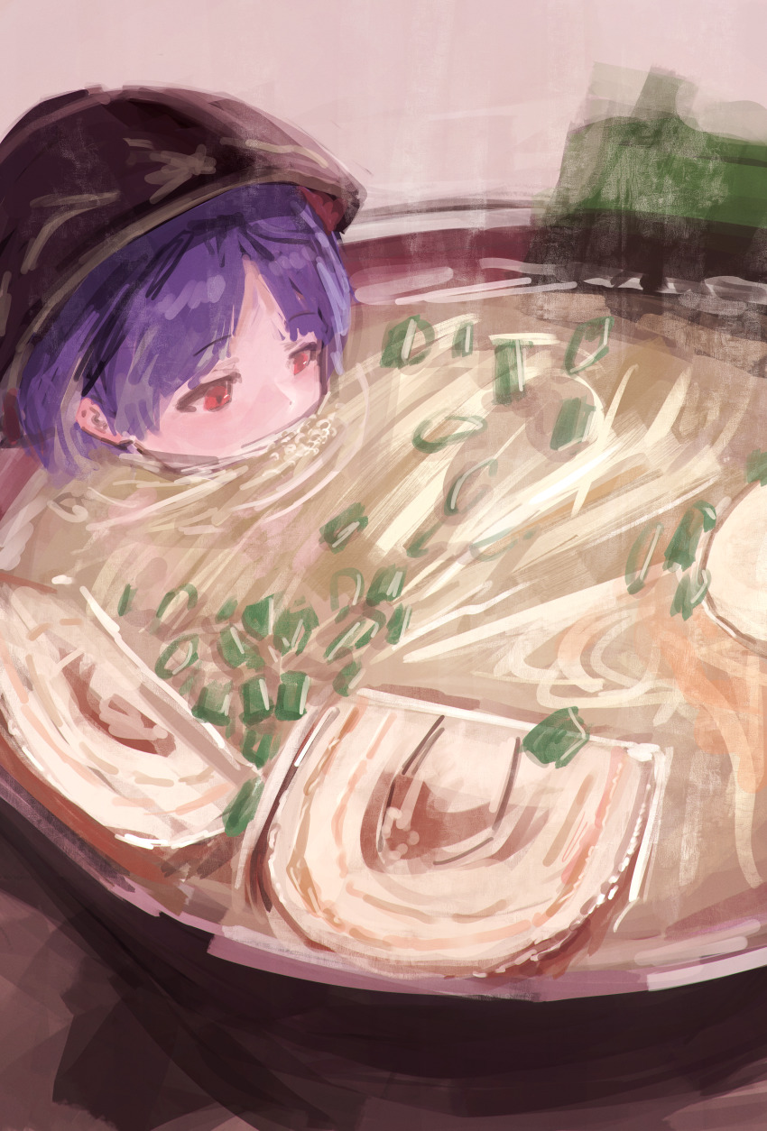 1girl absurdres bowl bowl_hat commentary food food_focus food_request hat highres in_food mini_person minigirl nepperoni partially_submerged purple_hair red_eyes short_hair solo soup sukuna_shinmyoumaru touhou