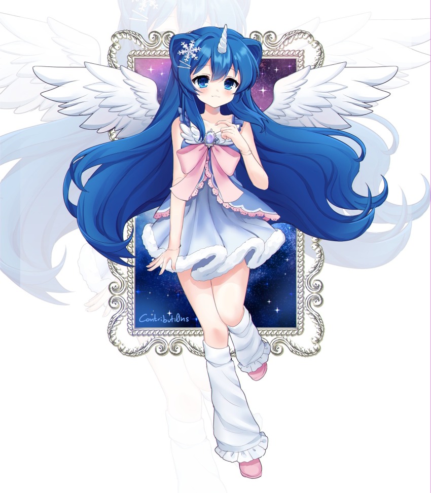 1girl 2000s_(style) :3 blue_eyes blue_hair blush bow brooch commentary contributi0ns dress english_commentary feathered_wings full_body gem highres horns jewelry leg_warmers long_hair original pink_bow single_horn solo standing standing_on_one_leg unicorn_girl very_long_hair white_wings wings zoom_layer