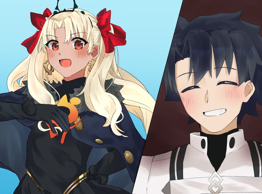 1boy 1girl black_cape black_dress black_gloves black_hair blonde_hair breasts cape closed_eyes dark-skinned_female dark_skin dress earrings ereshkigal_(fate) ereshkigal_alter_(fate) fate/grand_order fate_(series) fujimaru_ritsuka_(male) fujimaru_ritsuka_(male)_(decisive_battle_chaldea_uniform) fur-trimmed_cape fur_trim gloves grin hair_ribbon highres jacket jewelry long_hair long_sleeves looking_at_viewer medium_breasts open_mouth parted_bangs red_eyes ribbon short_hair smile tiara two_side_up umeboshi_disk white_jacket