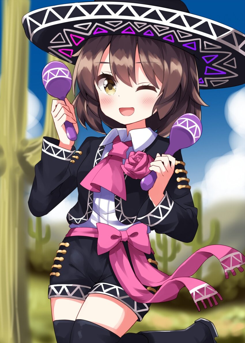 1girl ascot black_hat black_thighhighs blurry blurry_background brown_hair cactus hat highres long_sleeves looking_at_viewer mexican_clothes outdoors pink_ascot puffy_long_sleeves puffy_sleeves ruu_(tksymkw) short_hair smile solo sombrero thighhighs touhou tsukumo_yatsuhashi