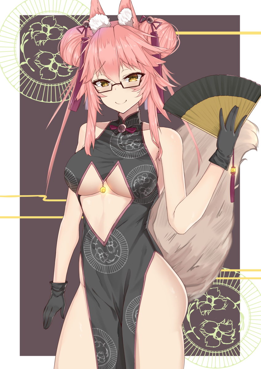 1girl absurdres animal_ear_fluff animal_ears bare_hips bare_shoulders black-framed_eyewear black_dress black_gloves blush border breasts center_opening china_dress chinese_clothes closed_mouth cowboy_shot double_bun dress fate/grand_order fate_(series) fengyue_jiang folding_fan fox_ears fox_girl fox_tail glasses gloves hair_bun hair_ribbon hand_fan highres holding holding_fan koyanskaya_(fate) large_breasts looking_at_viewer outside_border pelvic_curtain purple_ribbon ribbon semi-rimless_eyewear sleeveless sleeveless_dress smile solo tail tamamo_(fate) tamamo_no_mae_(fate/extra) tassel thighs under-rim_eyewear underboob white_border yellow_eyes